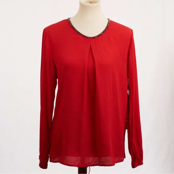 Gibson Latimer Women’s Long Sleeve Blouse Top Beaded Neckline Elastic Sleeve Red - Picture 1 of 6